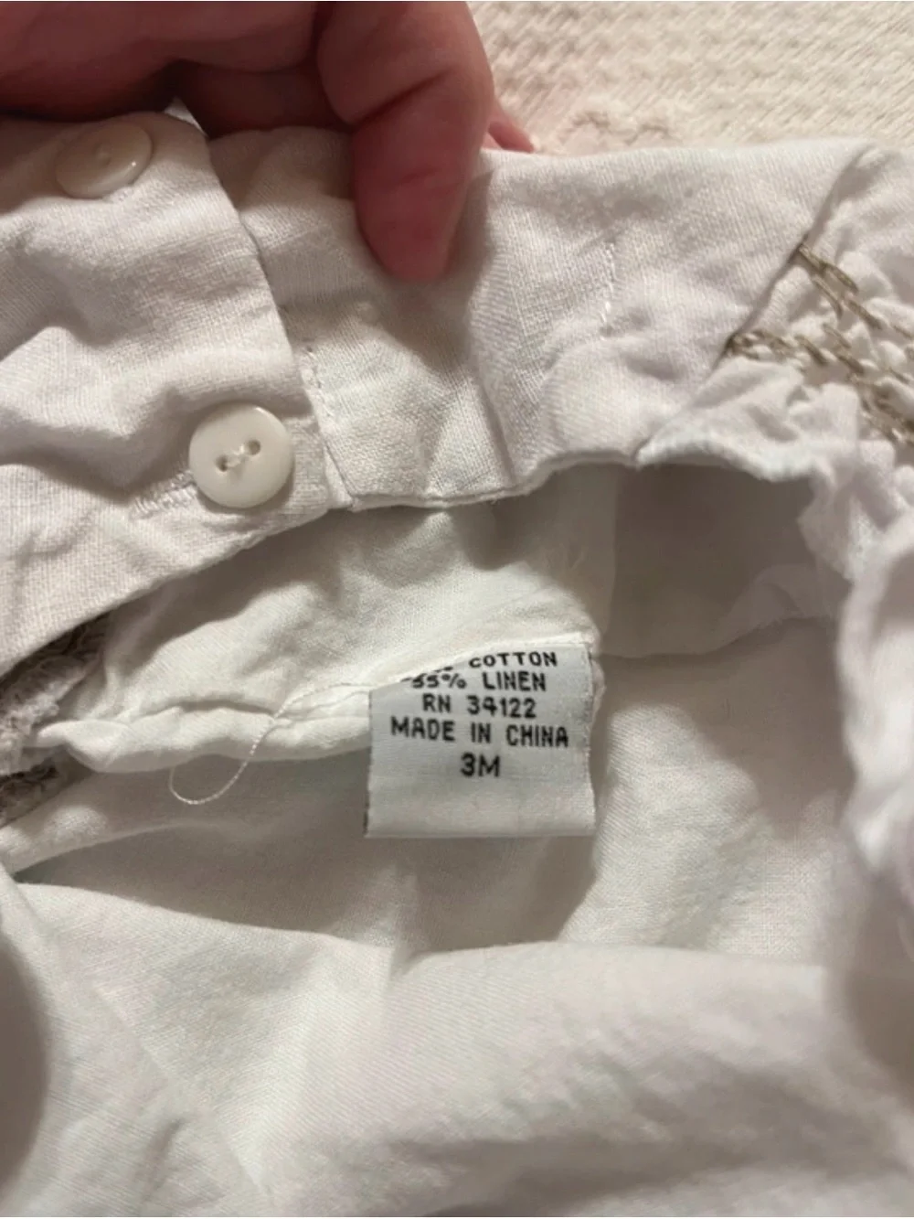 Carriage Boutique White and Taupe Linen Baby One-Piece